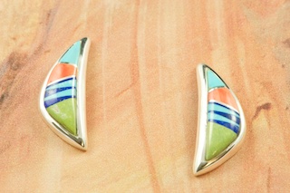 Genuine Turquoise, Spiny Oyster Shell and Blue Lapis inlaid in Sterling Silver. Stunning Post Earrings Designed by Navajo Artist Calvin Begay. Signed by the artist.